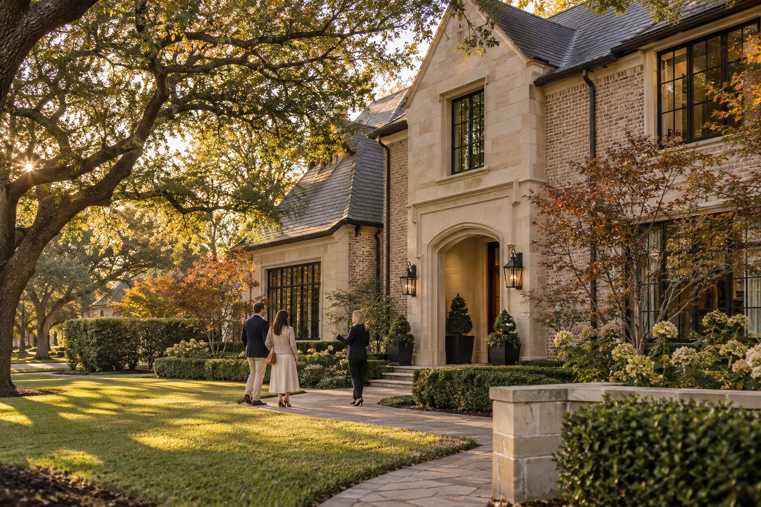 Couple touring a gracious Dallas home with a real estate professional in early fall