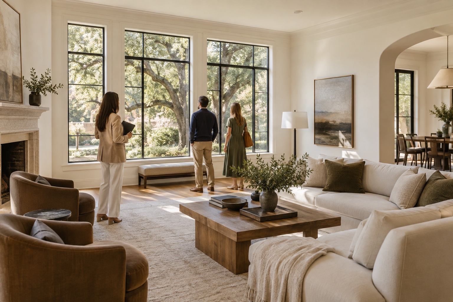 Prospective buyers touring a sunlit Dallas living room in early fall