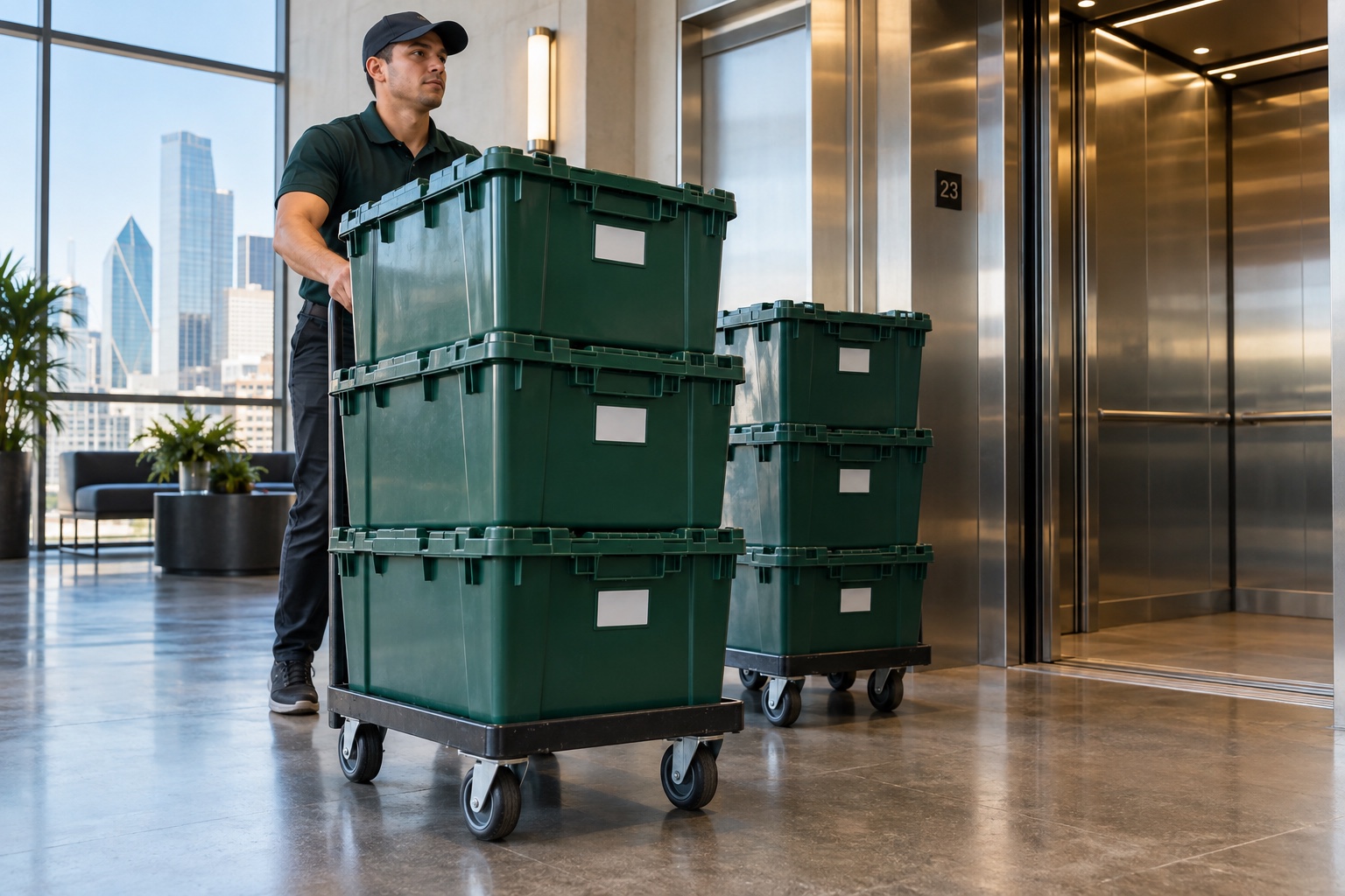 Reusable moving bins on dollies beside a Dallas high-rise service elevator