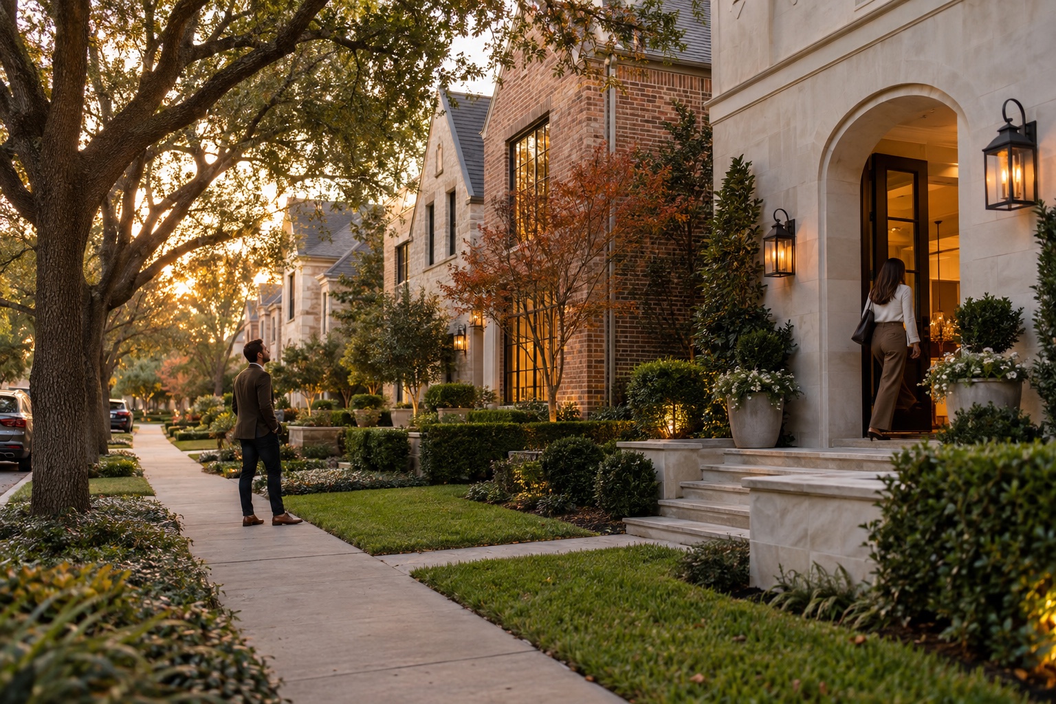 Prospective buyers approaching a Dallas home during an early fall open house