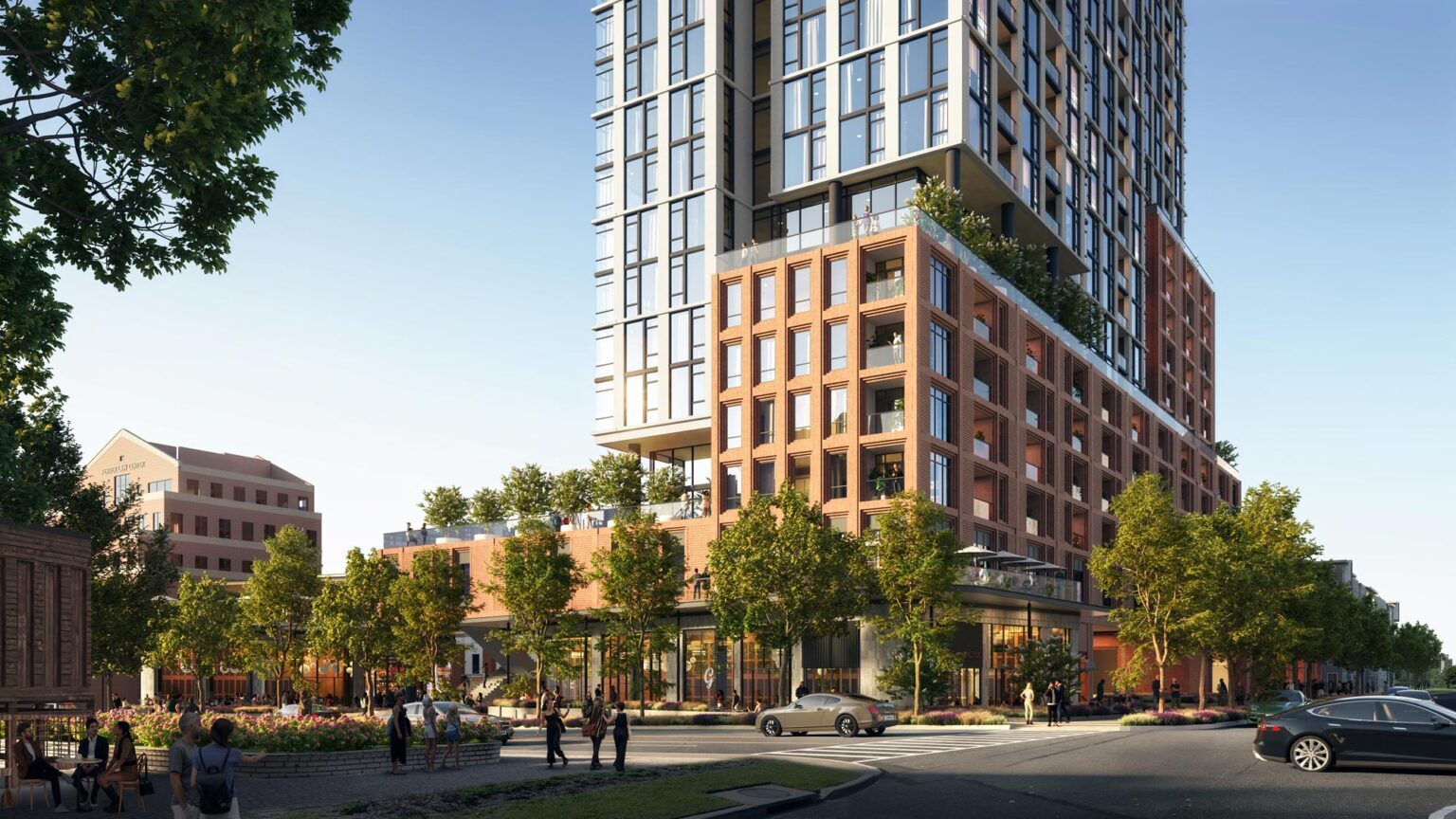 GFF Design concept rendering of the proposed mixed-use tower and street-level corner at 2615 Oak Lawn Avenue