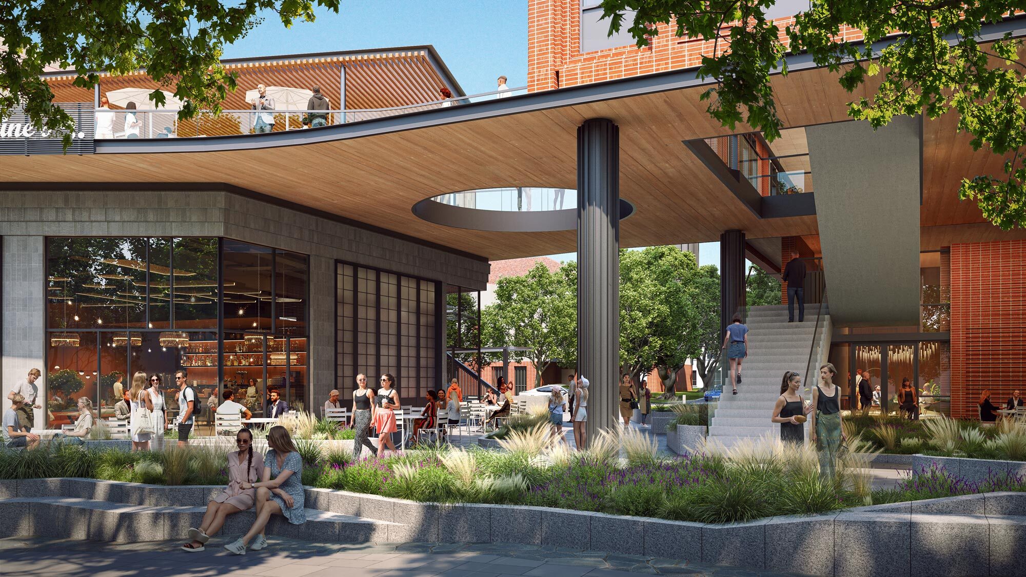 GFF Design rendering of landscaped plaza and outdoor cafe seating in the proposed 2615 Oak Lawn development