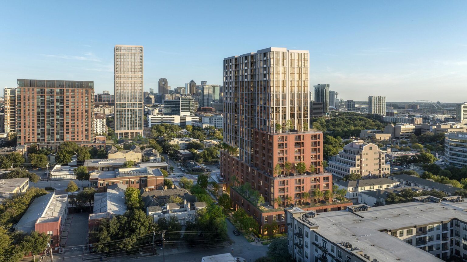 GFF Design aerial concept rendering placing the proposed 2615 Oak Lawn tower in the Uptown Dallas context
