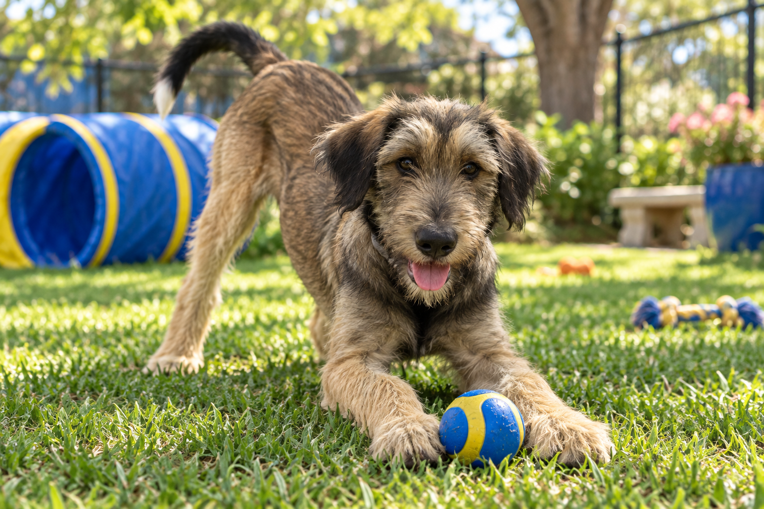 Newton, a shaggy five-month-old mixed-breed puppy, playing with a ball in a sunny garden.