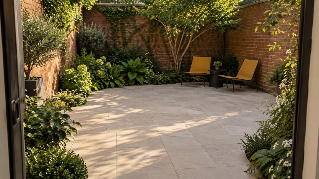 Open limestone courtyard with ochre chairs and planting around the edges