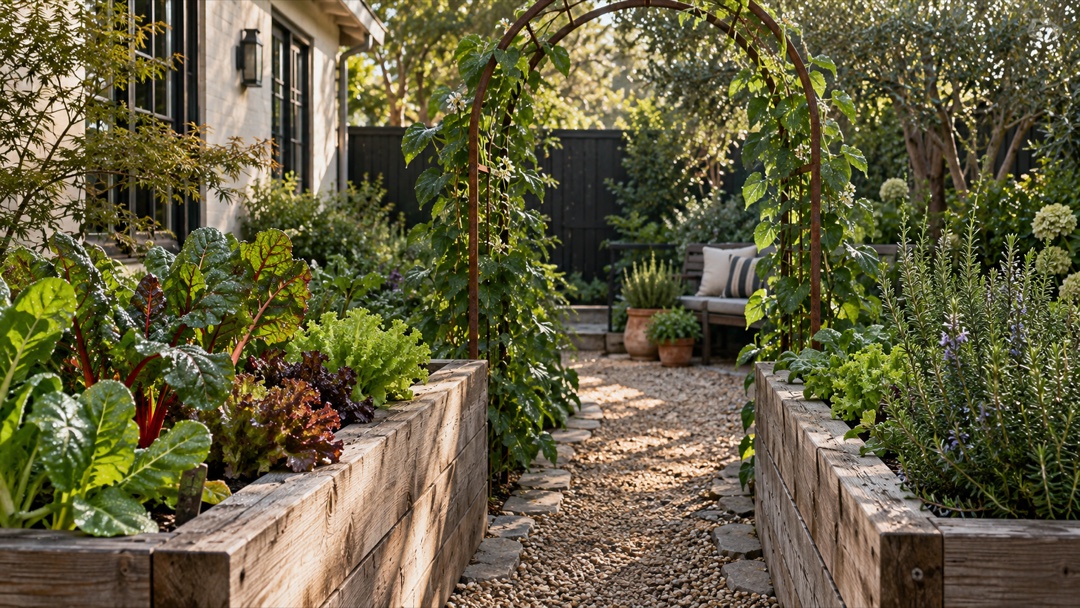 Raised vegetable beds framing a gravel path and climbing arch
