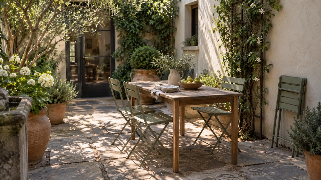 Teak dining table with folding olive chairs in a small patio