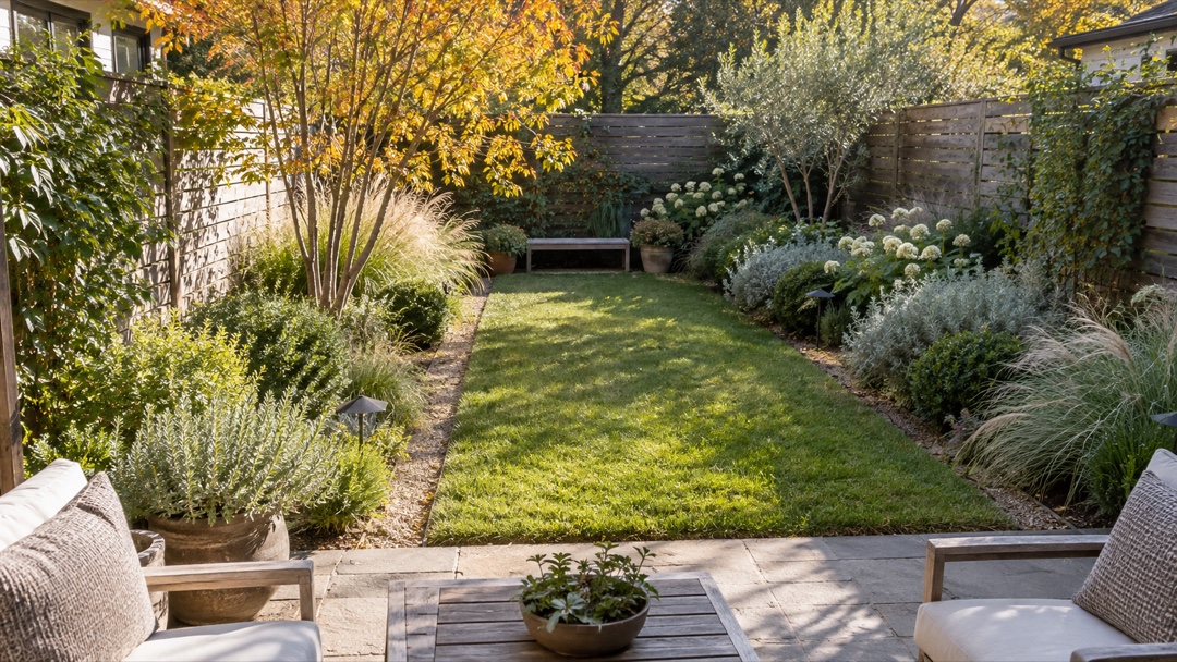 Small lawn framed by layered planting along a timber fence