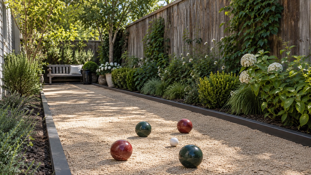 Bocce balls on a compact gravel lane beside a planted fence