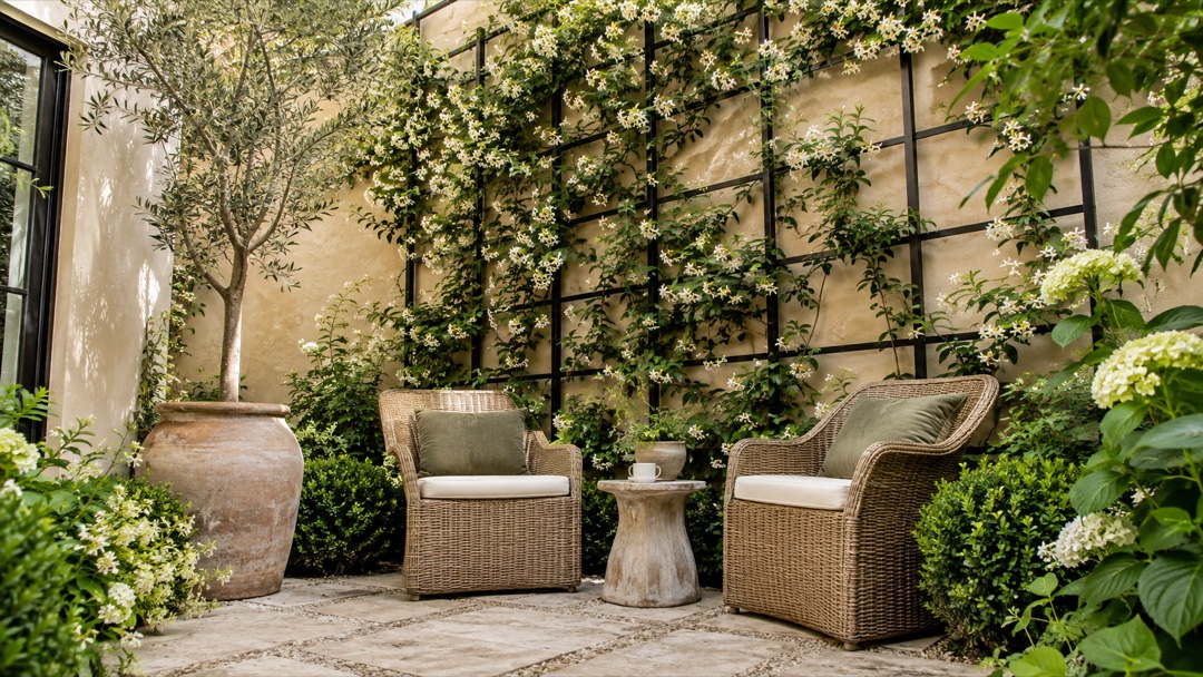 Climbing jasmine on a steel trellis above a courtyard seating area