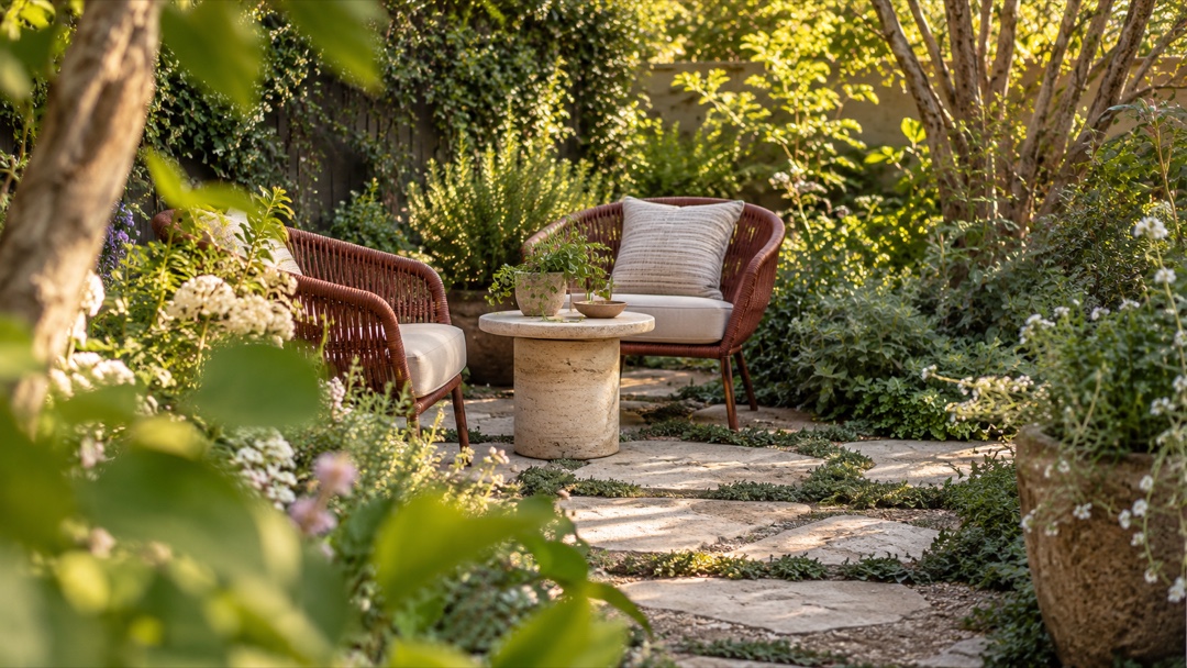 Rust-red chairs nestled among planting beside stone paving