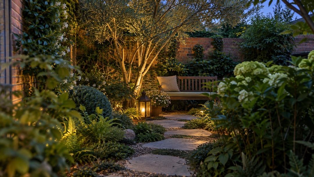 Partly concealed bench reached by a curving garden path at dusk