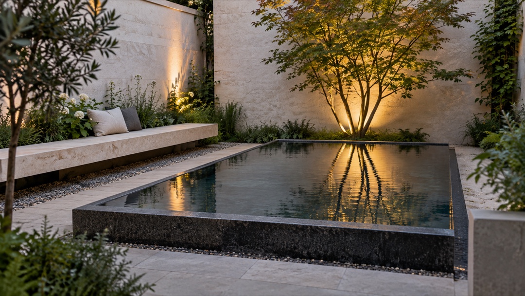 Shallow reflecting basin and sculptural tree in a small walled garden