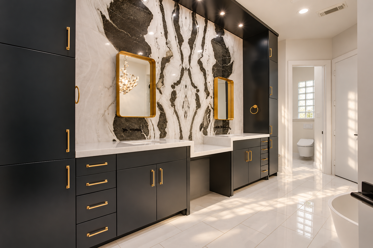 Primary bathroom vanities and bookmatched stone at 2211 Worthington Street