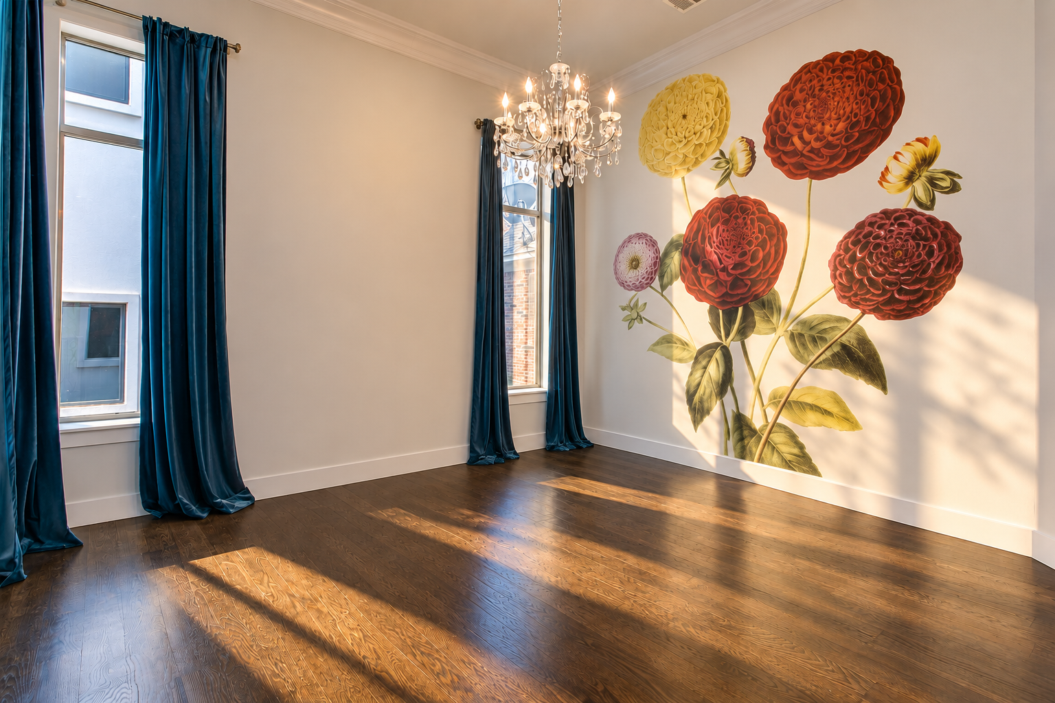 Dining room with botanical wallpaper and teal curtains at 2211 Worthington Street