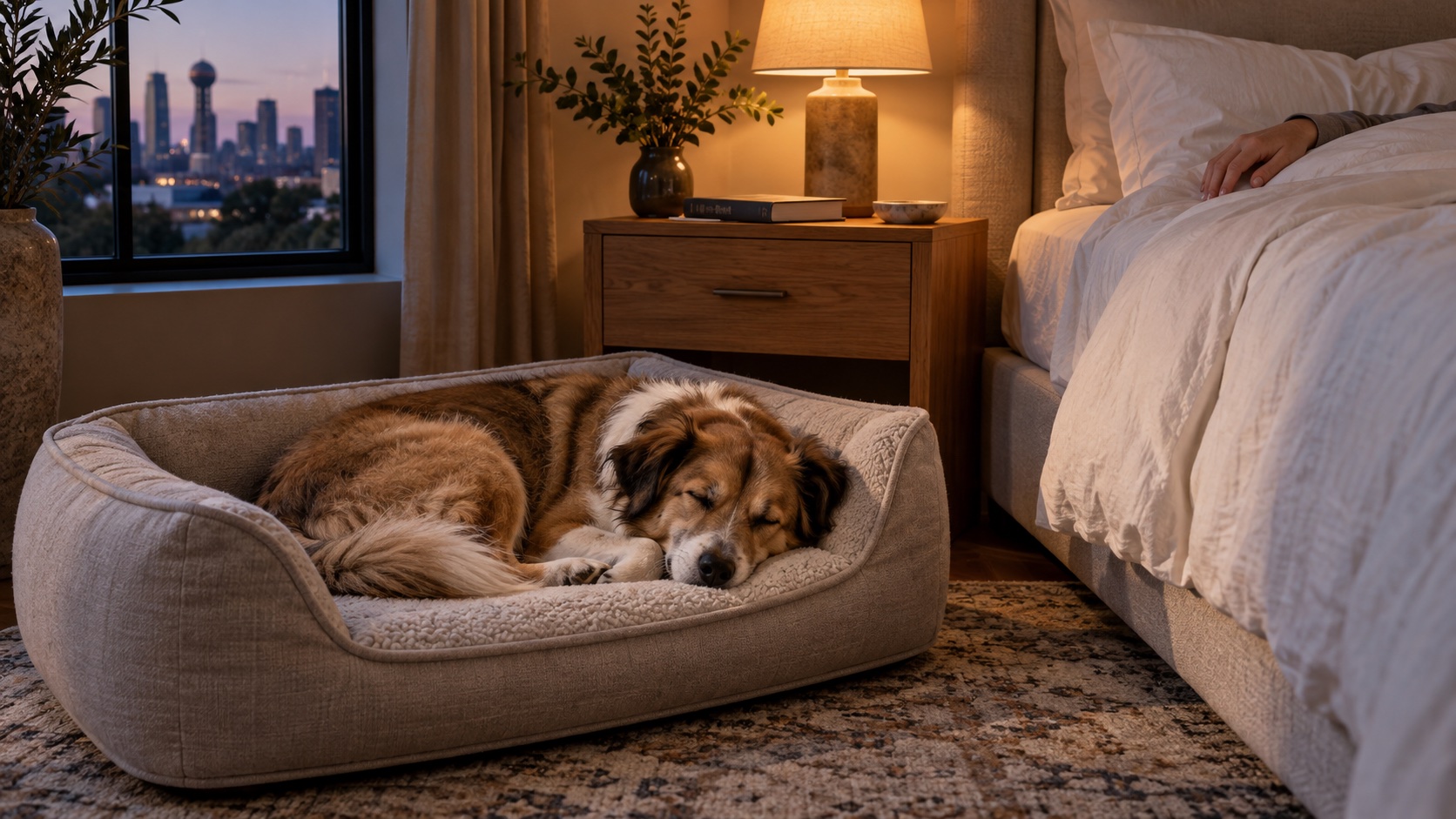 A sable-and-white dog sleeps in its own bed beside a human bed at dusk.