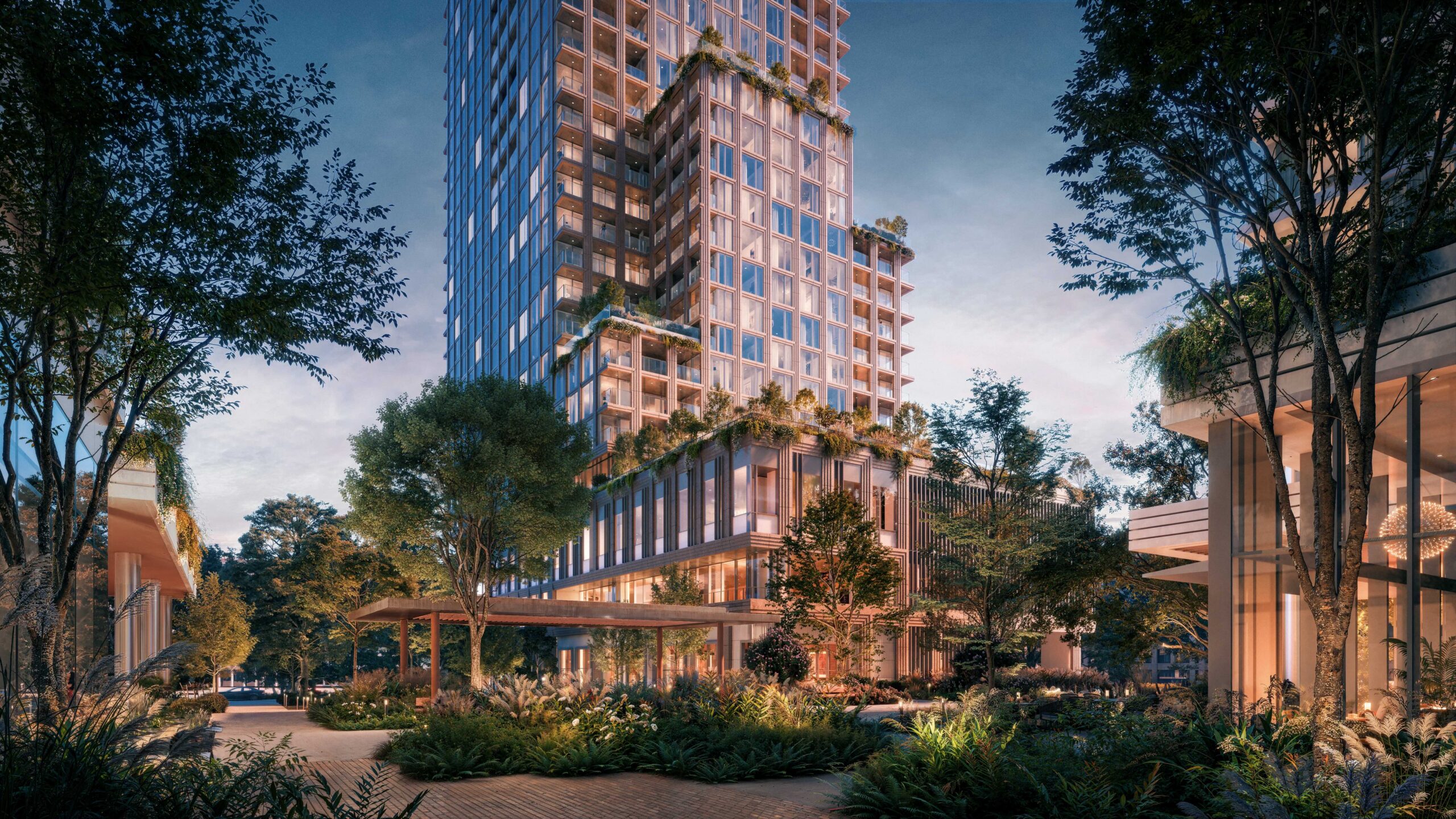 Concept rendering of The Springs District hotel and landscaped plaza in Uptown Dallas.