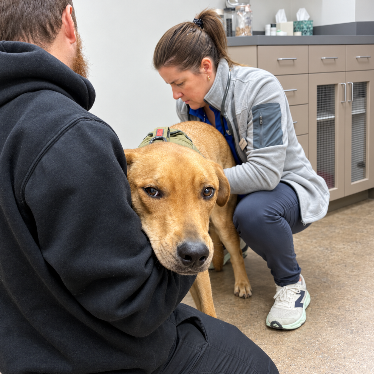 Dr. Aderholt examining Giorgio at CityVet Oak Lawn while a staff member supports him.